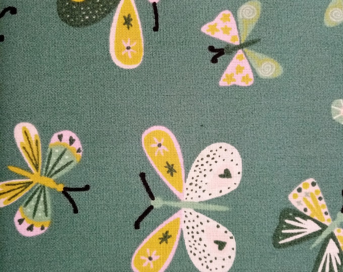 Green Butterfly Print Fabric, 110cm width, 100% Cotton, PER HALF METRE
