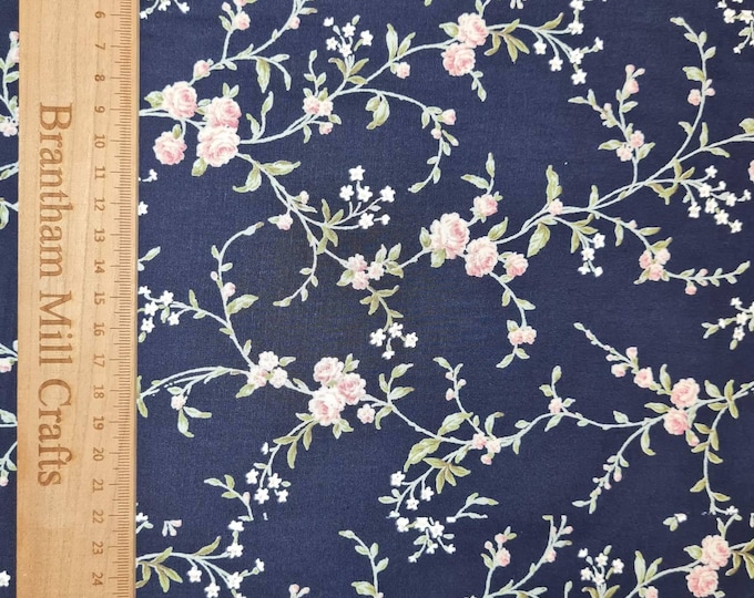 Navy Blue Floral Print Fabric, 110cm width, 100% Cotton Poplin PER HALF METRE