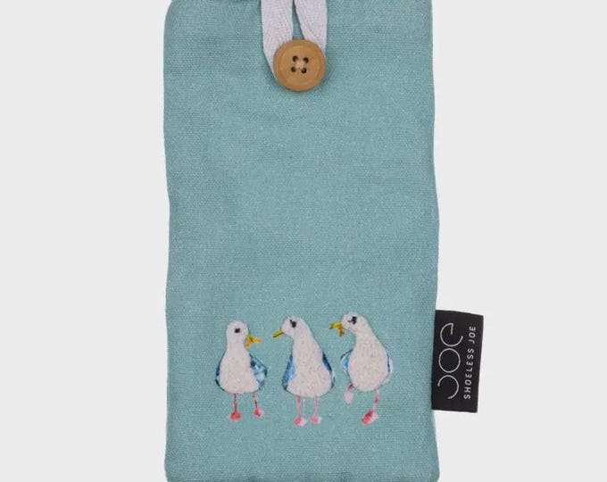 Blue Seagull Glasses Case – Padded Cotton Spectacle Holder with Button Closure, Cute Coastal Bird Design, Gift for Beach Lovers