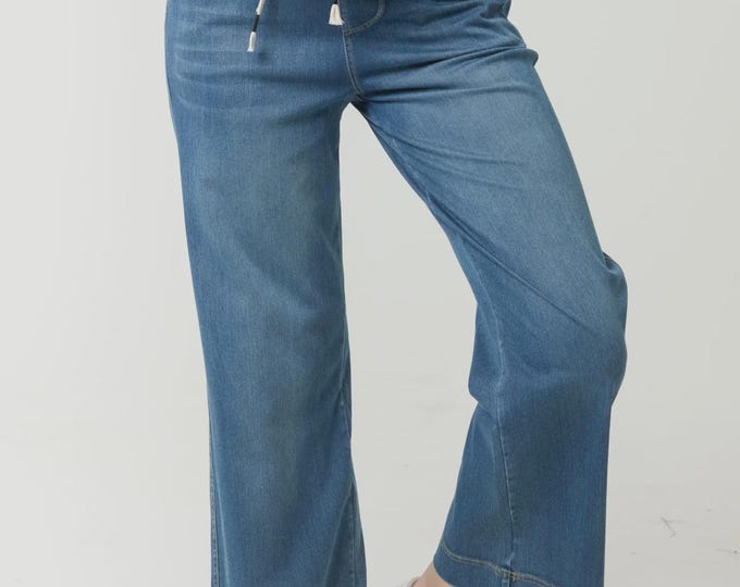 Elastic Waist Wide-Leg Denim Trousers