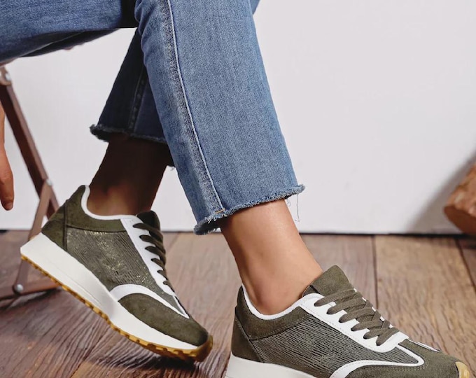 Women's Lace Up Flat Casual Fashion Designer Trainers in Khaki Green