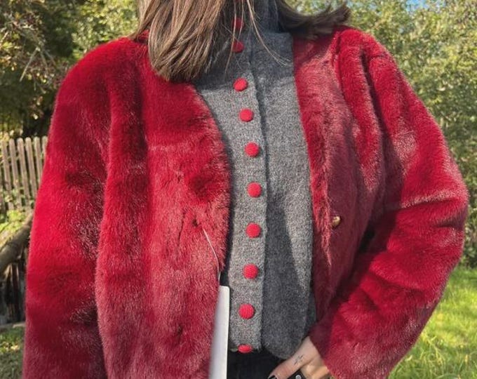 Vegan Faux Fur Jacket | Burgundy Red Cropped Plush Coat | Soft Short Fur Jacket with Gold Buttons | Fits Up to UK 12 | Gift for Her