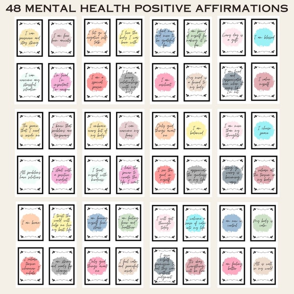 Mental health affirmations cards, mental health awareness, mental health art download, anxiety affirmation cards, anxiety relief printable