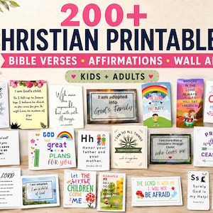 May include: A collection of 200+ Christian printable wall art designs featuring Bible verses and affirmations for kids and adults. The display includes various rectangular cards with colorful graphics, diverse typography, and religious text.