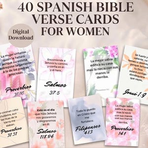 May include: A collection of rectangular cards featuring Spanish Bible verses with floral and watercolor backgrounds. The text reads 40 SPANISH BIBLE VERSE CARDS FOR WOMEN and Digital Download. Each card displays a specific scripture reference.