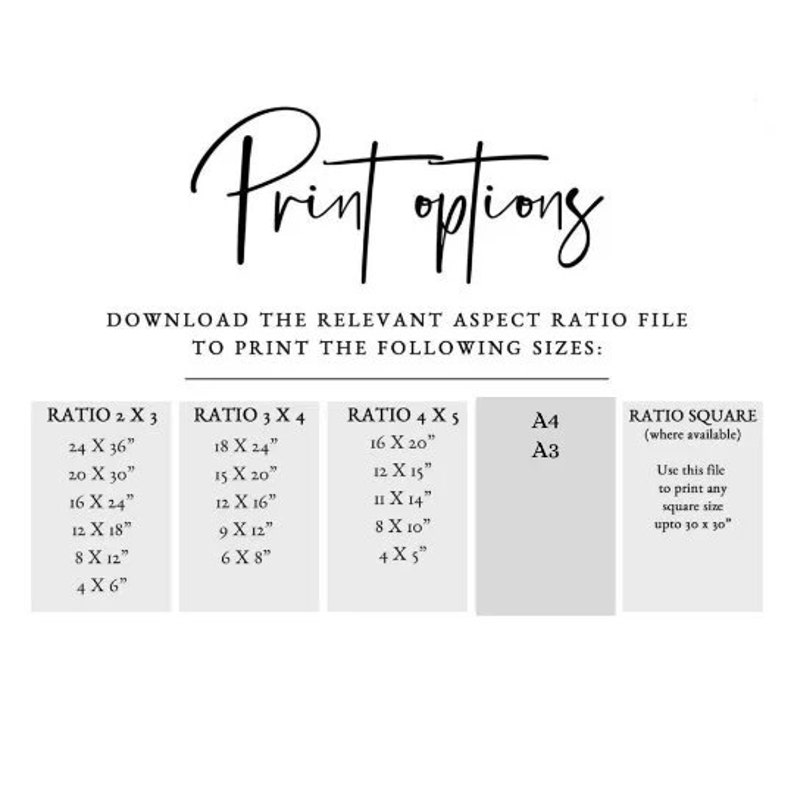 May include: A chart with print options for different aspect ratios. The chart shows the dimensions in inches for each ratio, including 2x3, 3x4, 4x5, and square. The chart also includes options for A4 and A3 sizes.