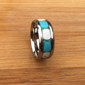 Turquoise and Stainless Steel Ring, Wedding Band, Engagement Ring, Turquoise Ring, gift for anniversary, Spotted Ring, Bohem Jewelry