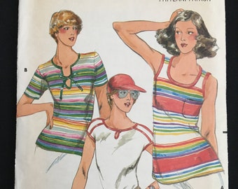 Butterick 5434 1970s Vintage Sewing Pattern Size 8 Bust 31.5" T-shirt Tank Top Keyhole Neck Pocket Stretch Fabrics Uncut