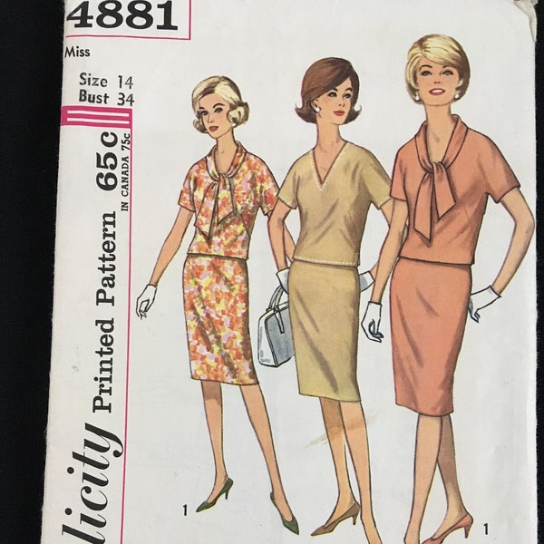 Simplicity 4881 1960s Vintage Sewing Size 14 Bust 34 Two Piece Dress Dolman Sleeve V Neck Tie Collar