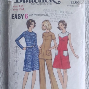 Butterick 6721 1970s Vintage Schnittmuster Sz 12 Büste 34 Kleid Tunika Hose Hosenanzug Passe aufgesetzte Taschen A-Linie