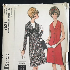 McCalls 7527 1960s Vintage Sewing Pattern Sz 14-16 Bust 34-36 Womens Button Up V-neck Dress and Dickey Uncut