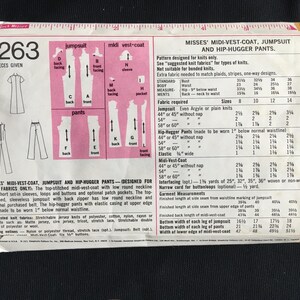 May include: Vintage sewing pattern for Misses' midi-vest-coat, jumpsuit, and hip-hugger trousers. The pattern includes diagrams and measurements for various sizes. The pattern is designed for knit fabrics.