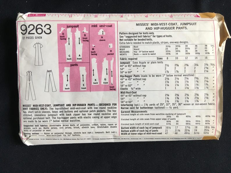 May include: Vintage sewing pattern for Misses' midi-vest-coat, jumpsuit, and hip-hugger trousers. The pattern includes diagrams and measurements for various sizes. The pattern is designed for knit fabrics.