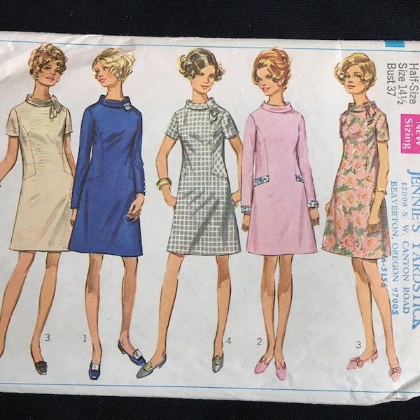 Simplicity 8002 1960s Vintage Sewing Pattern Womens Half-Size Bust 37 Mini Shift Sheath Dress A-Line Roll Collar Princess
