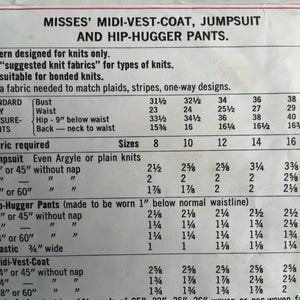 May include: A vintage sewing pattern for Misses' midi-vest-coat, jumpsuit, and hip-hugger pants. The pattern includes fabric requirements and measurements in inches for sizes 8-16. The text is printed on a cream-colored paper.