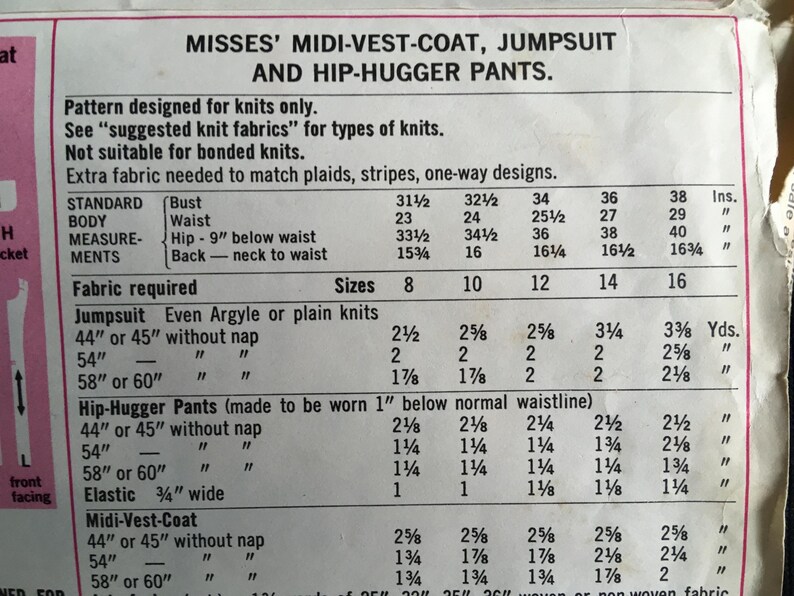 May include: A vintage sewing pattern for Misses' midi-vest-coat, jumpsuit, and hip-hugger pants. The pattern includes fabric requirements and measurements in inches for sizes 8-16. The text is printed on a cream-colored paper.