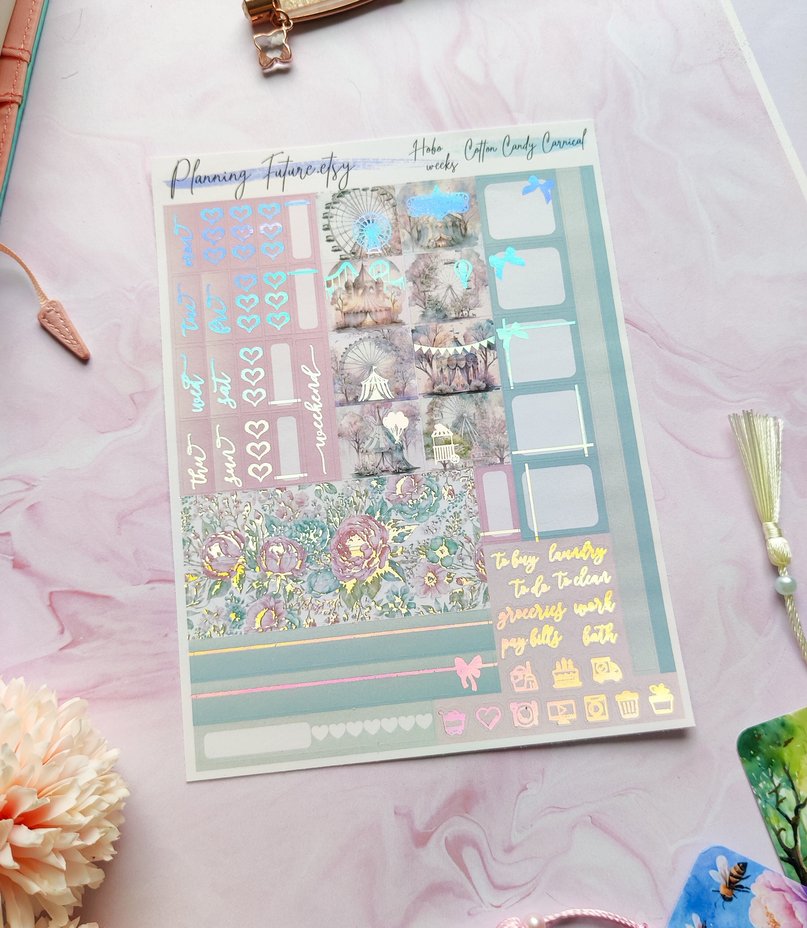 Cotton Candy Carnival Holographic Foiled Hobonichi Weeks sticker kit, Decorative Stickers, Planner stickers, Journaling stickers