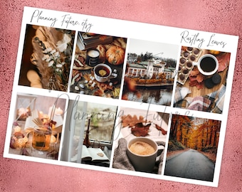 May include: A collage of autumn-themed images, including a cup of tea with marshmallows, a book with a candle, a forest path, and a cup of coffee with a blanket. The text "Planning Future.etsy" and "Rustling Leaves" are visible in the image.