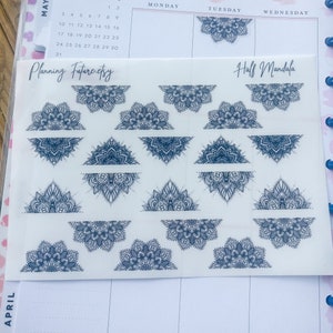 May include: A sheet of stickers with black and white mandala designs. The stickers are arranged in rows and columns. The sheet is labeled "Half Mandala" and "Planning Future.etsy".