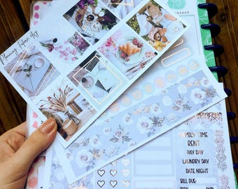 Kit de pegatinas de planificador con lámina de oro rosa "Brunch dominical": pegatinas decorativas para diario, manualidades de papel