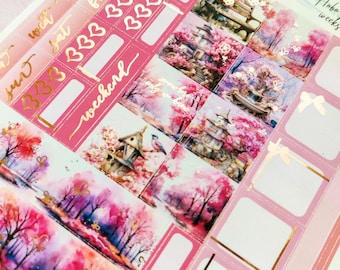 Sakura Fairytale Rose gold Foiled Hobonichi Weeks sticker kit, Decorative Stickers, Planner stickers, Journaling stickers