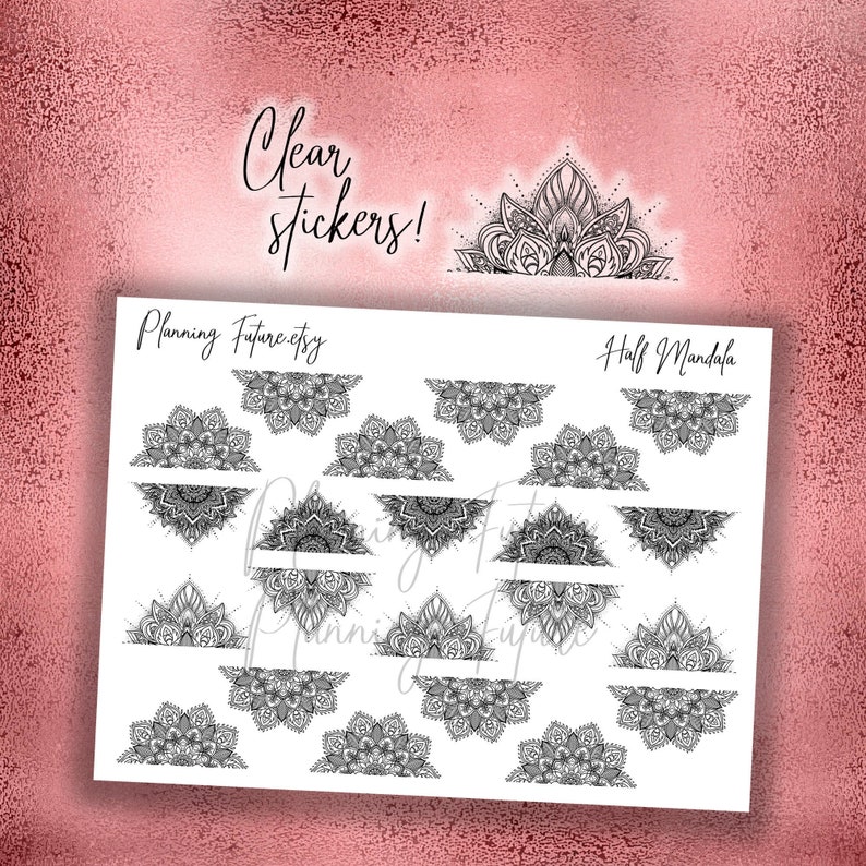 May include: A sheet of clear stickers with black and white mandala designs. The stickers are labeled "Planning Future Etsy" and "Half Mandala".