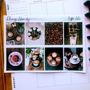 May include: A rectangular sticker sheet featuring eight distinct coffee-themed photographic panels. The sheet displays text reading Planning Future.etsy and Coffee-holic. Images include roasted coffee beans, espresso cups with latte art, and portafilters.