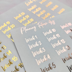 May include: A sheet of planner stickers featuring rose gold foil text that reads Week 1 through Week 5, with additional sheets visible in the background displaying gold foil text for weeks 13 through 30 and the text Planning Future.etsy.