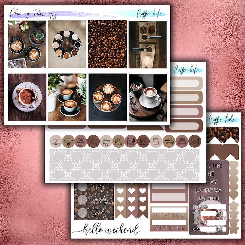 May include: A sticker sheet set featuring coffee-themed imagery, including coffee beans, lattes, and espresso equipment. The set includes various rectangular labels, circular icons with line art, heart-shaped stickers, and text labels like "Coffee-holic" and "hello weekend" in a script font.