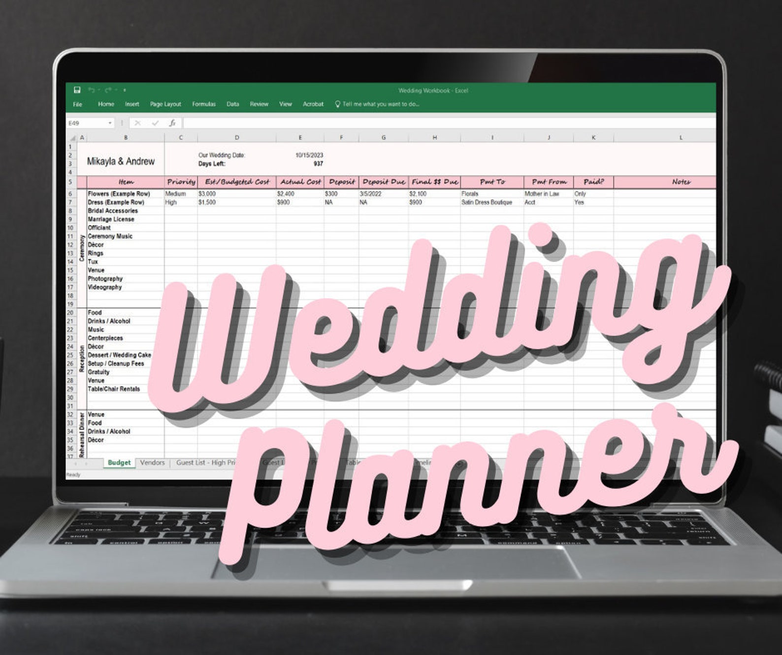 Excel Wedding Planning Spreadsheet Download with Guest List Etsy