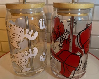 Christmas Glass Can Cup + Metal Straw + Bamboo Lid