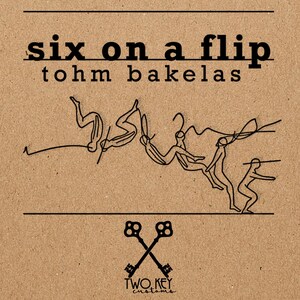 May include: A brown paper background with black text that reads "six on a flip" and "tohm bakelas".  A black and white illustration of six people doing a flip.  A black and white illustration of two crossed keys with the text "TWO KEY customs" below.