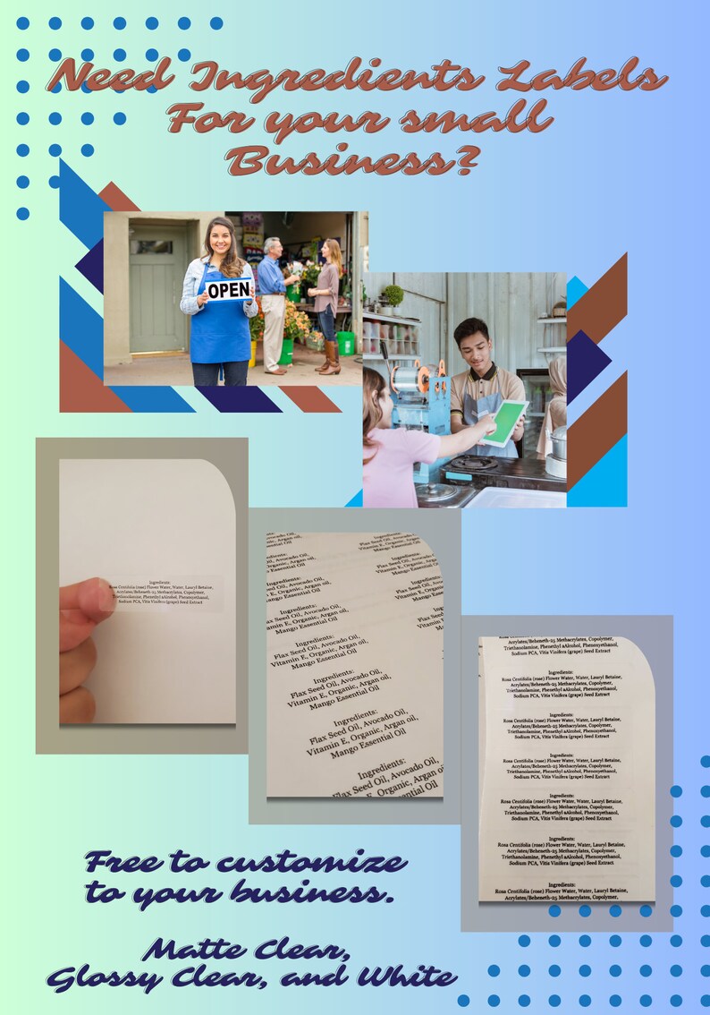 May include: Image promoting ingredient labels for small businesses. The image includes a woman holding an "OPEN" sign, and examples of ingredient labels. Text on the image reads "Need Ingredients Labels For your small Business?" and "Free to customise to your business."