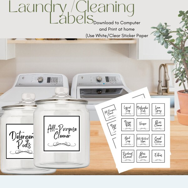 Laundry Room/ Cleaning Labels-24 labels-2x2 white-minimal labels for home organization-downloadable file or ready printed labels