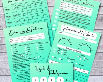 Formulario digital-Verde / tarjetas para pestañas/descargables-formulario de consentimiento/ tarjeta de cuidado posterior-listo imprimir