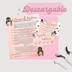 Formulario digital-rosa / tarjetas para pestañas/descargables-formulario de consentimiento/ tarjeta de cuidado posterior-listo para imprimir