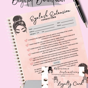 Formulaire numérique-rose/cartes pour cils entreprise-fichier téléchargeable-formulaire de consentement/carte de fidélité/carte de suivi-consentement pour petite entreprise-prêt à imprimer