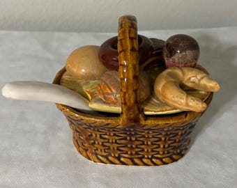 Vintage Ceramic Basket with Lid and Spoon for serving Sugar or Condiments.