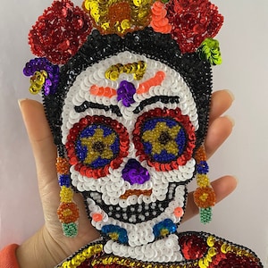 Catrina Mexicana Sequin Patch, Mexican Catrina Day of the Dead Applique, Embroidered Patch, Catrina Sequin Patch