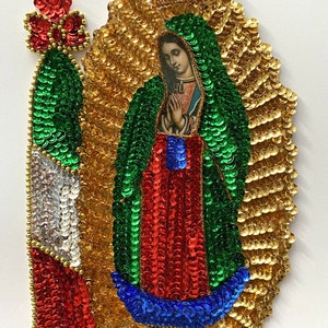 Virgen de Guadalupe con bandera de México en lentejuelas, parche bordado de lentejuelas bandera mexicana y virgen
