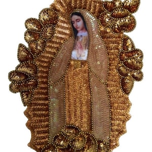 Parche Virgen de Guadalupe dorada, aplique lentejuelas Virgen de Guadalupe, parches de lentejuelas decoracion, aplique virgen color oro