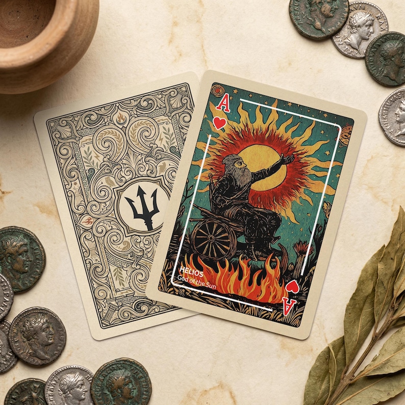 Puede incluir: Dos naipes con ilustraciones vintage. Una carta muestra el dise&ntilde;o trasero con un s&iacute;mbolo de tridente. La otra carta es el As de Corazones, con Helios, el dios del sol, con llamas y un sol.