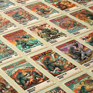 May include: A collection of vintage-style trading cards featuring Godzilla battling various monsters. The cards have colorful illustrations with Japanese text and English titles like "Godzilla vs. Megalon" and "Mechagodzilla."