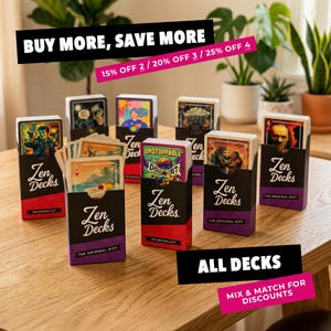 Puede incluir: Se muestran varias barajas de cartas ilustradas con diferentes dise&ntilde;os, incluyendo una escena tropical y retratos. Las cajas son negras con detalles rojos y morados, con el texto "Zen Decks". La imagen tambi&eacute;n incluye el texto "Buy More, Save More".