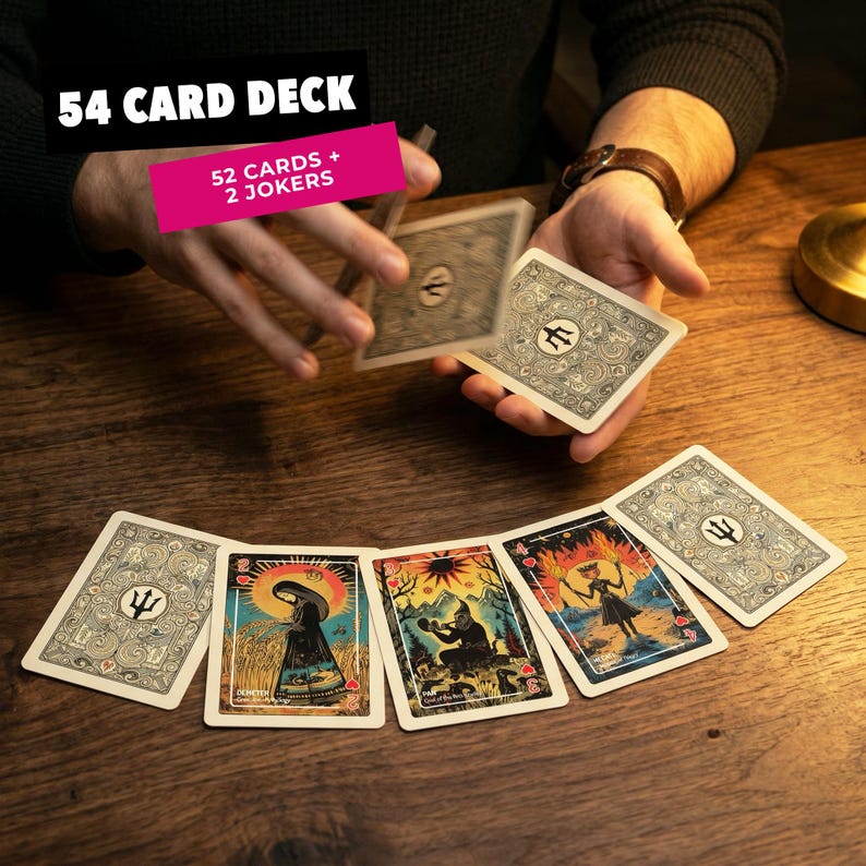 Puede incluir: Una baraja de 54 cartas, que incluye 52 cartas y 2 comodines. Las cartas presentan ilustraciones &uacute;nicas y un dise&ntilde;o detallado en el reverso. La baraja se muestra sobre una superficie de madera, con algunas cartas sostenidas en las manos de una persona.