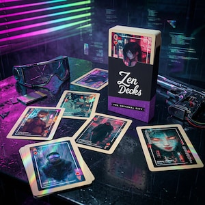 May include: A deck of "Zen Decks" playing cards with a futuristic theme. The box is black and purple with the text "Zen Decks" and "The Original Gift." Several cards are displayed, each featuring unique artwork and text. A pair of futuristic goggles and a gun are also visible.