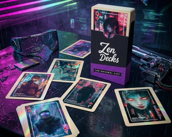 Baraja de cartas cyberpunk / Baraja ilustrada de 54 cartas estilo neón noir