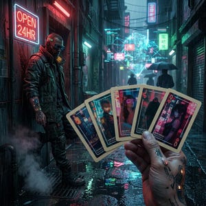 May include: A cyberpunk-themed image of a person holding playing cards in a rainy alley. The cards feature futuristic character designs. Neon signs and futuristic technology are visible in the background. The sign says "OPEN 24HR".