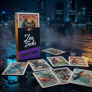Puede incluir: Una baraja de cartas con una caja negra y morada que dice "Zen Decks". Las cartas presentan ilustraciones de monstruos. La caja también dice "The Original Gift". Las cartas están esparcidas sobre una superficie mojada.