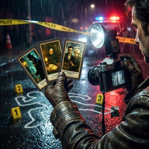 May include: A detective holds three tarot cards at a crime scene, with a camera in hand. The cards feature illustrations of historical figures. The scene is set at night with police tape and a chalk outline on the wet pavement.